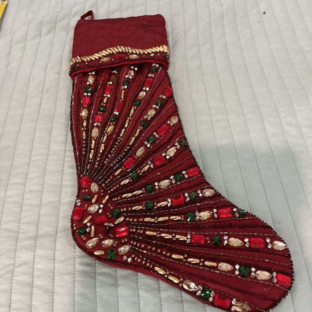 Kim Seybert Living Beaded Christmas Stocking Red Jeweled Holiday Decor 20”